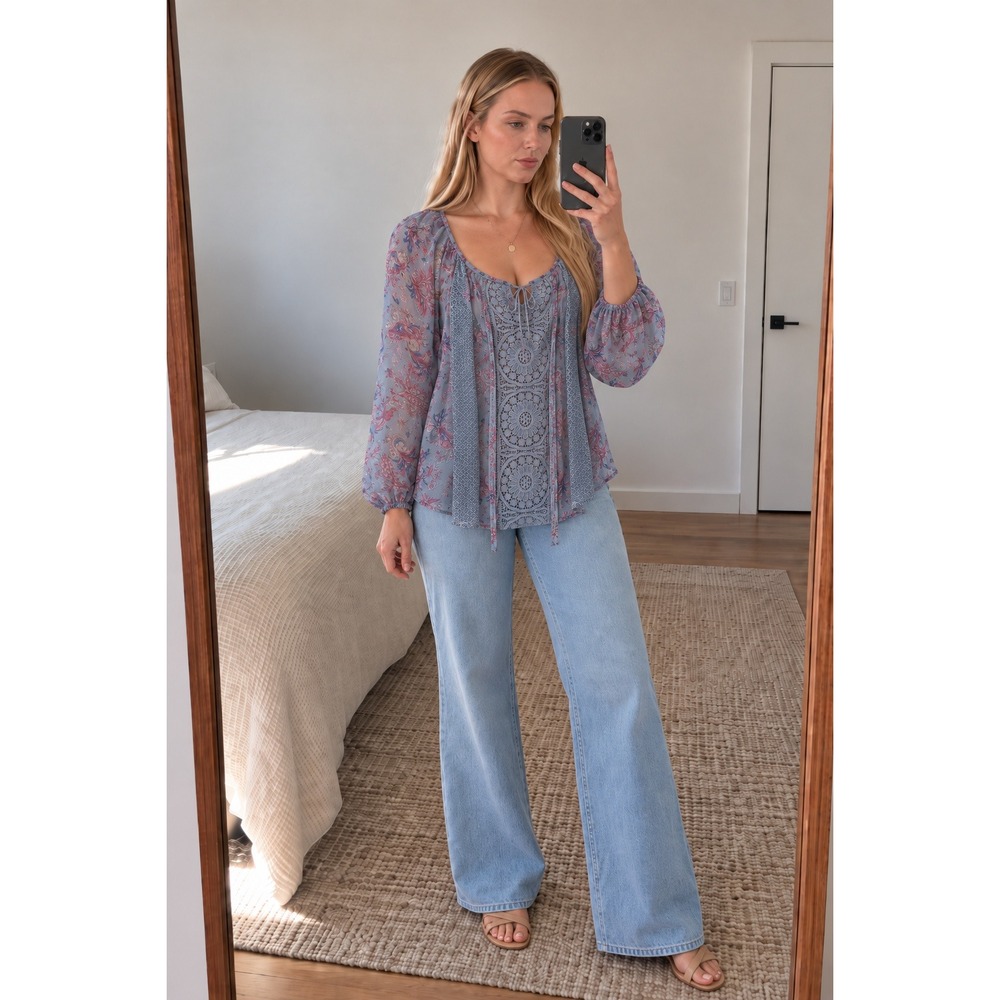 Cynthia Rowley Floral Lace Blouse L Purple Paisley Boho Peasant Sheer Cottage